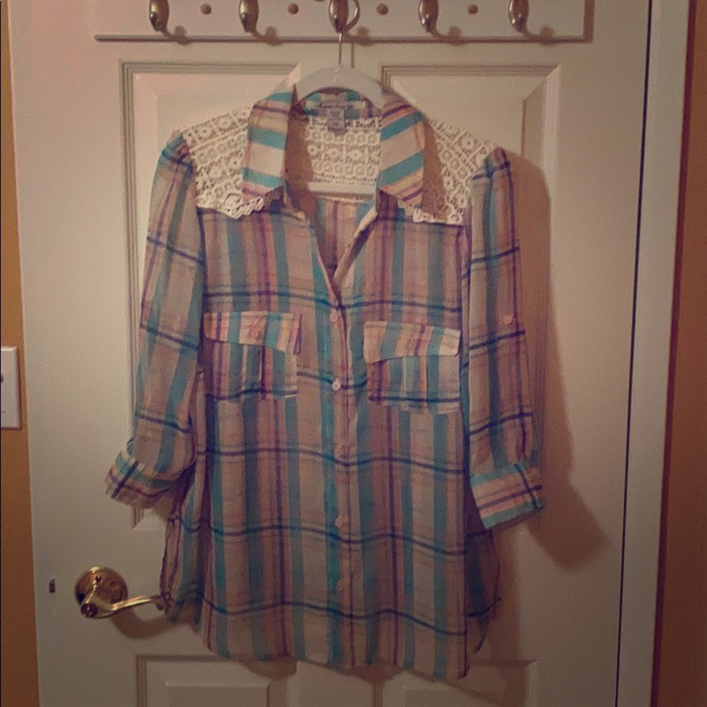 Teal and Pink Country Style Lace/Polyester Blouse